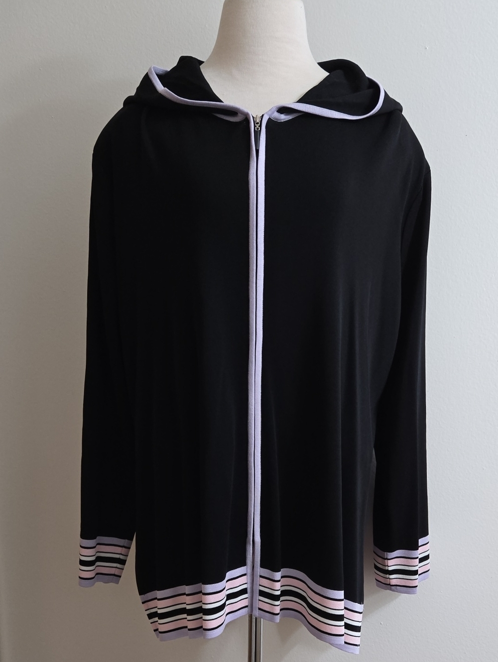 Misook Black Hooded Cardigan with Pink & White Trim